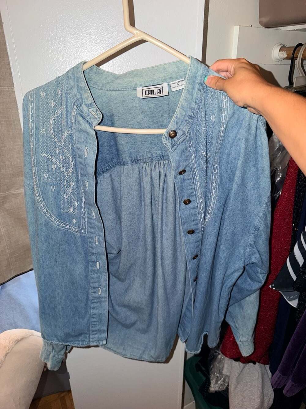 BILA Denim Shirt Size L Blue Embroidered Cotton Long Sleeve